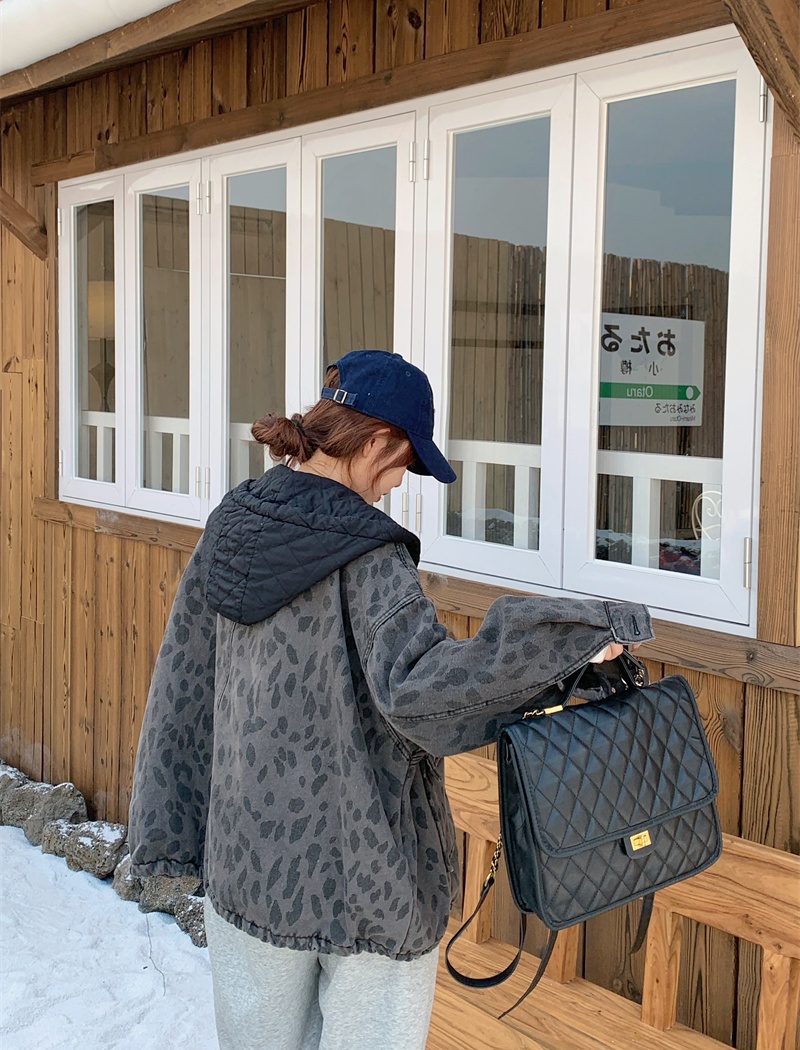 Casual leopard plus velvet jacket retro hooded denim coat