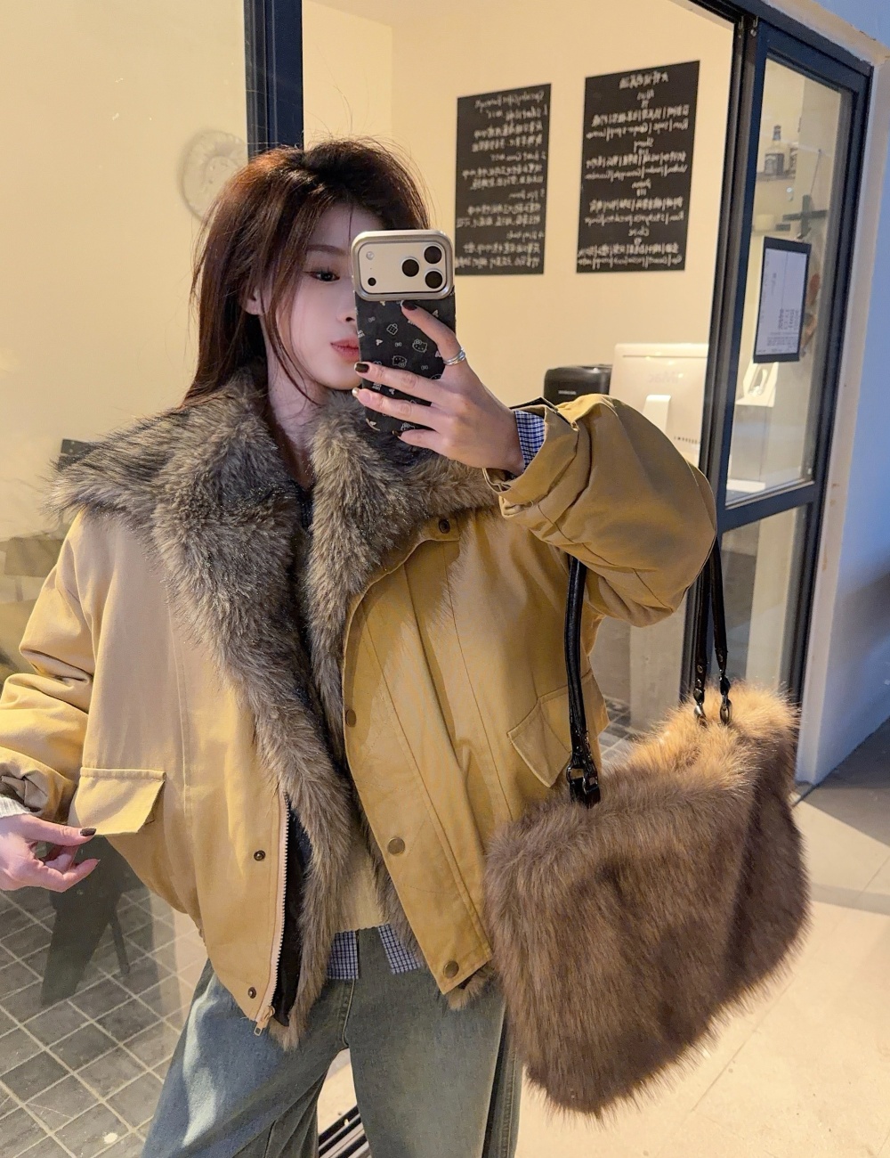 Fur collar American style work clothing thermal cotton coat