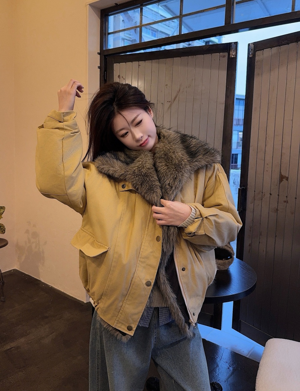 Fur collar American style work clothing thermal cotton coat