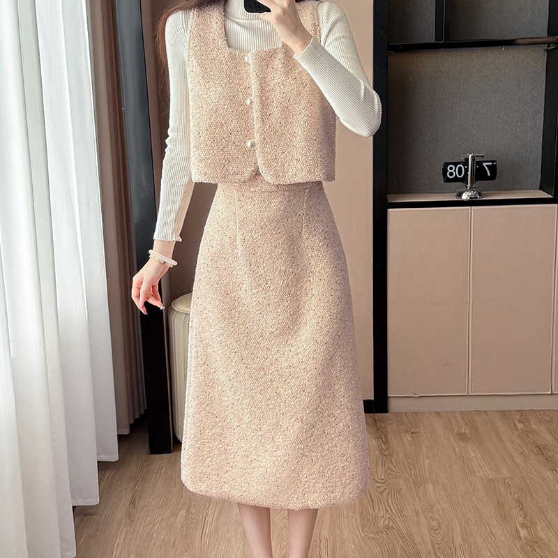 Bottoming sweater pink waistcoat 3pcs set for women