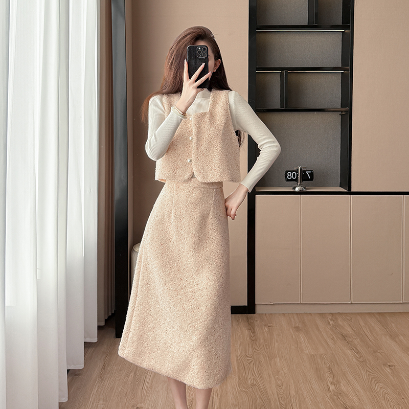 Bottoming sweater pink waistcoat 3pcs set for women