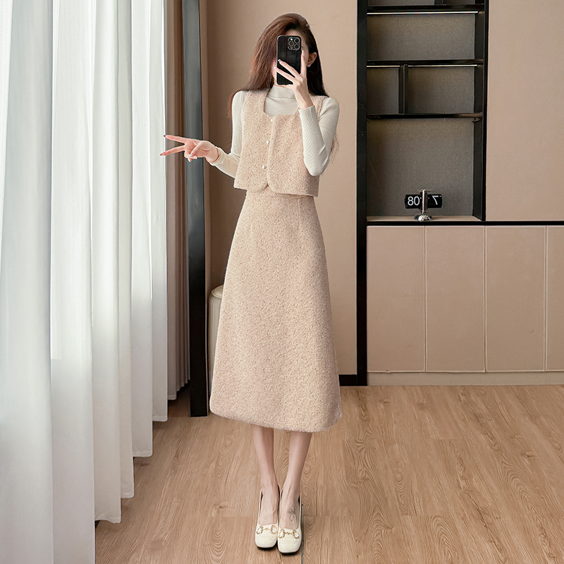 Bottoming sweater pink waistcoat 3pcs set for women