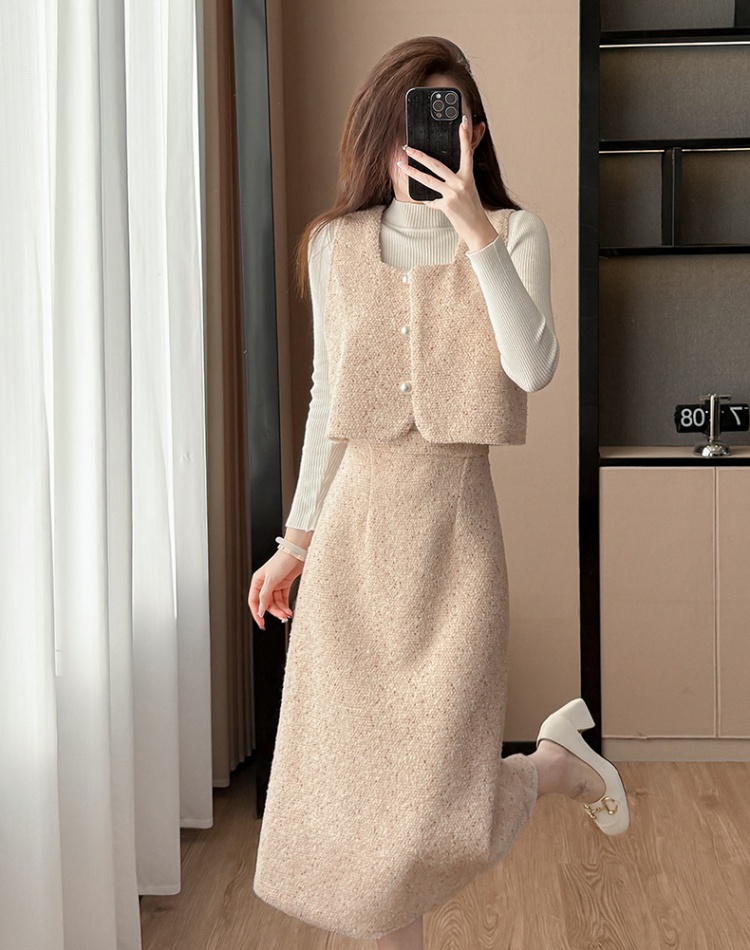 Bottoming sweater pink waistcoat 3pcs set for women