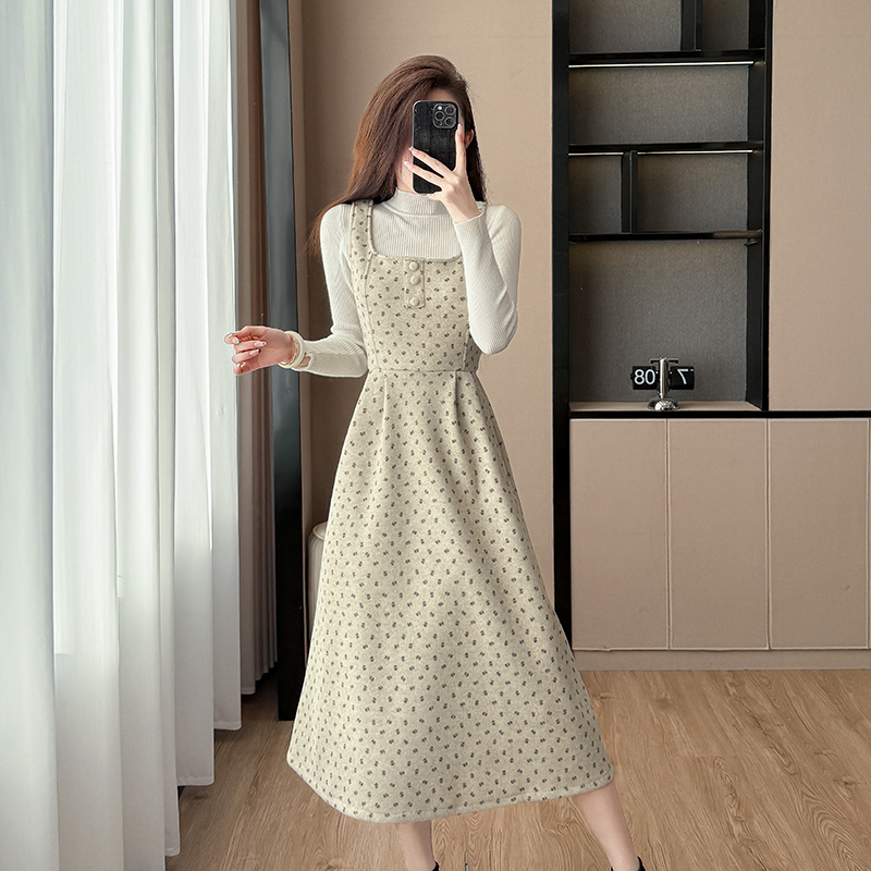 Bottoming France style strap dress 2pcs set for women