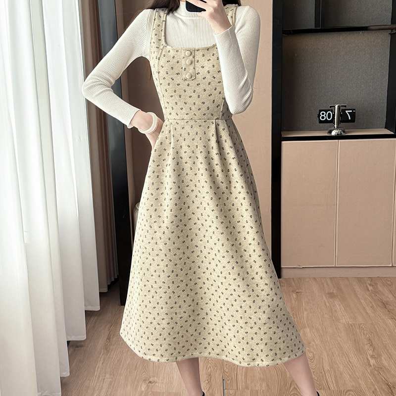 Bottoming France style strap dress 2pcs set for women