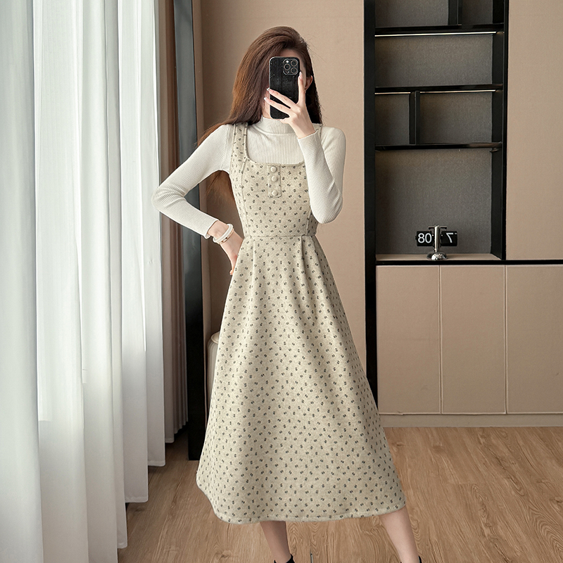 Bottoming France style strap dress 2pcs set for women