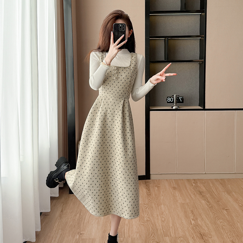 Bottoming France style strap dress 2pcs set for women