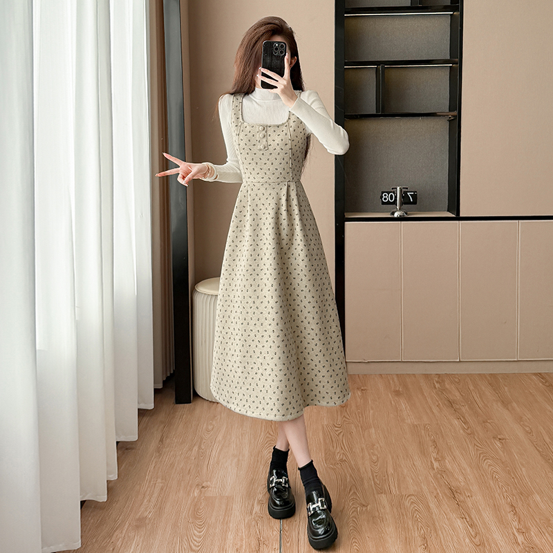 Bottoming France style strap dress 2pcs set for women