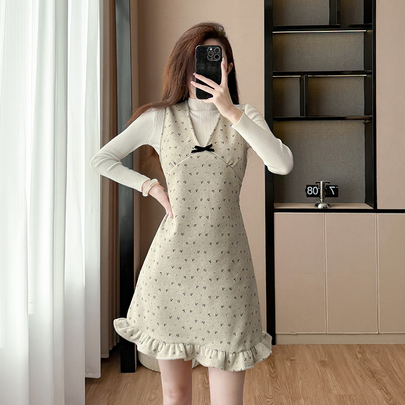 Autumn bottoming shirt half high collar dress a set
