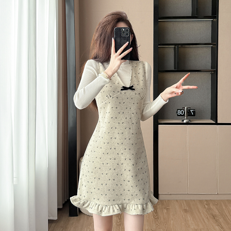 Autumn bottoming shirt half high collar dress a set