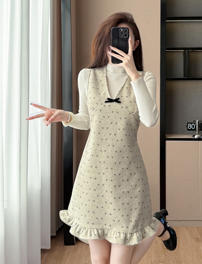 Autumn bottoming shirt half high collar dress a set
