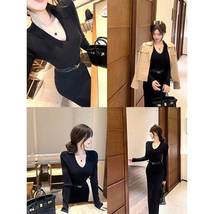 Knitted long dress V-neck dress for women