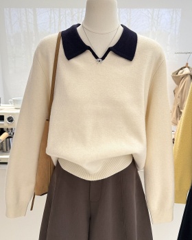 Knitted thermal sweater lapel mixed colors tops