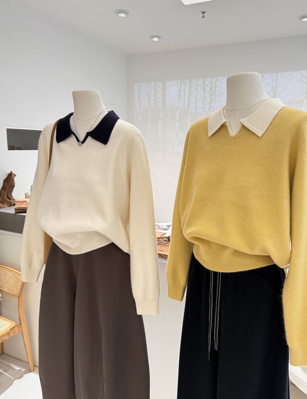 Knitted thermal sweater lapel mixed colors tops