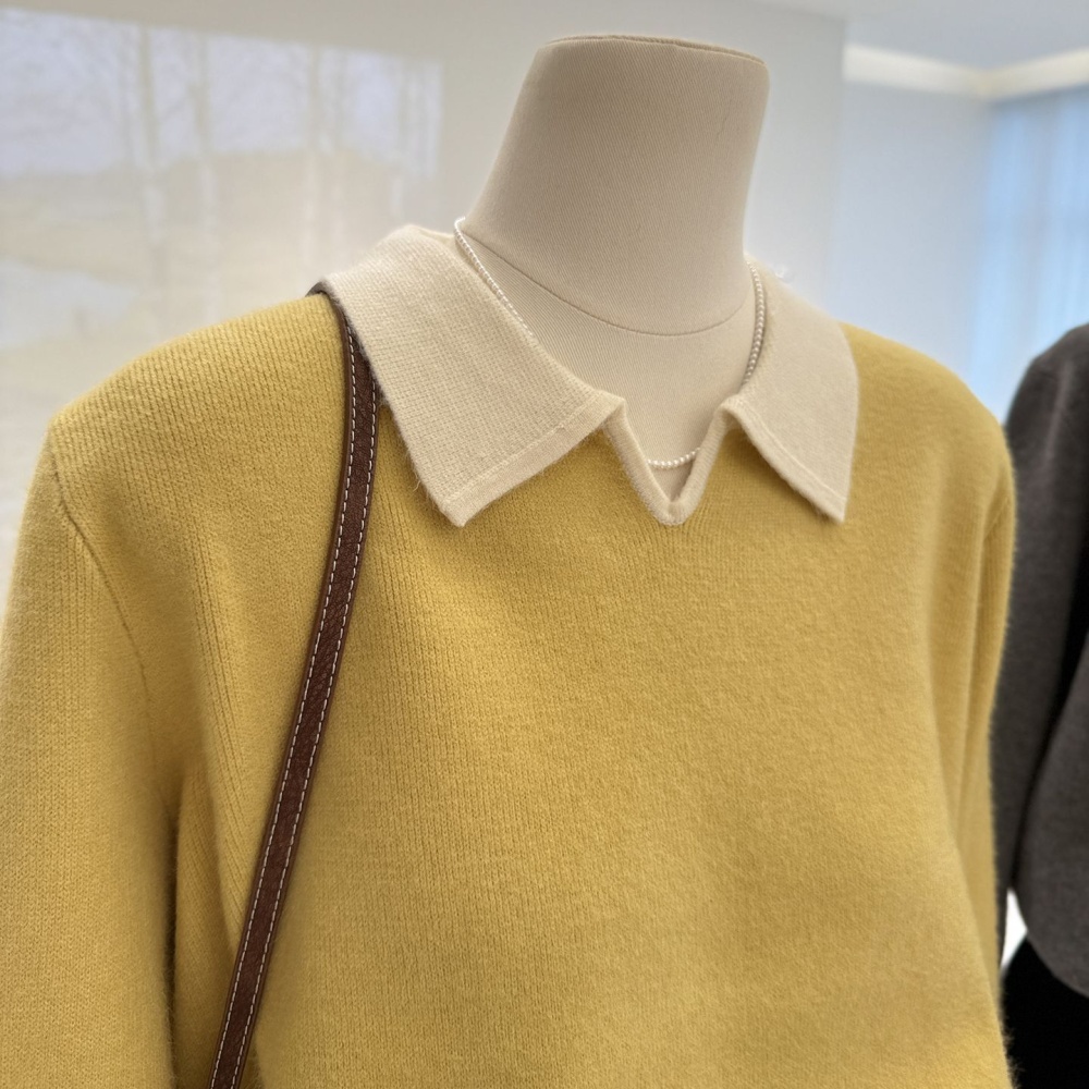 Knitted thermal sweater lapel mixed colors tops