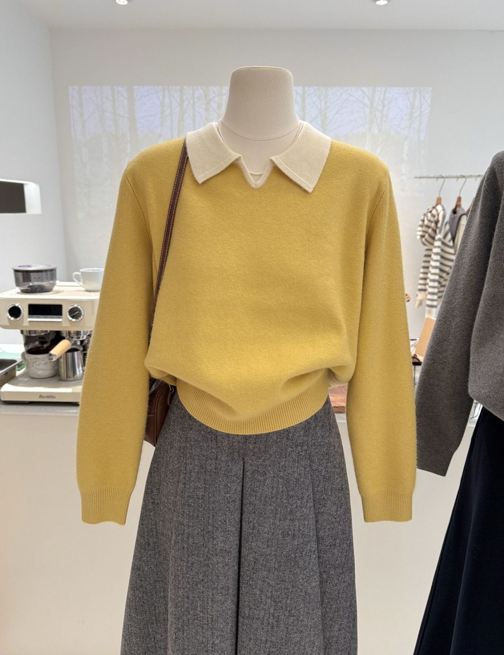 Knitted thermal sweater lapel mixed colors tops