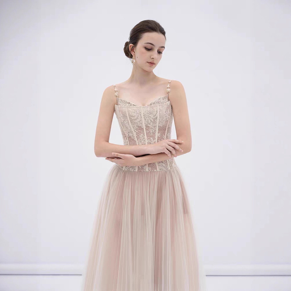 Sling temperament chiffon long dress ladies lace niche dress