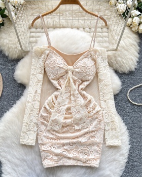 Long sleeve pinched waist package hip dress for women