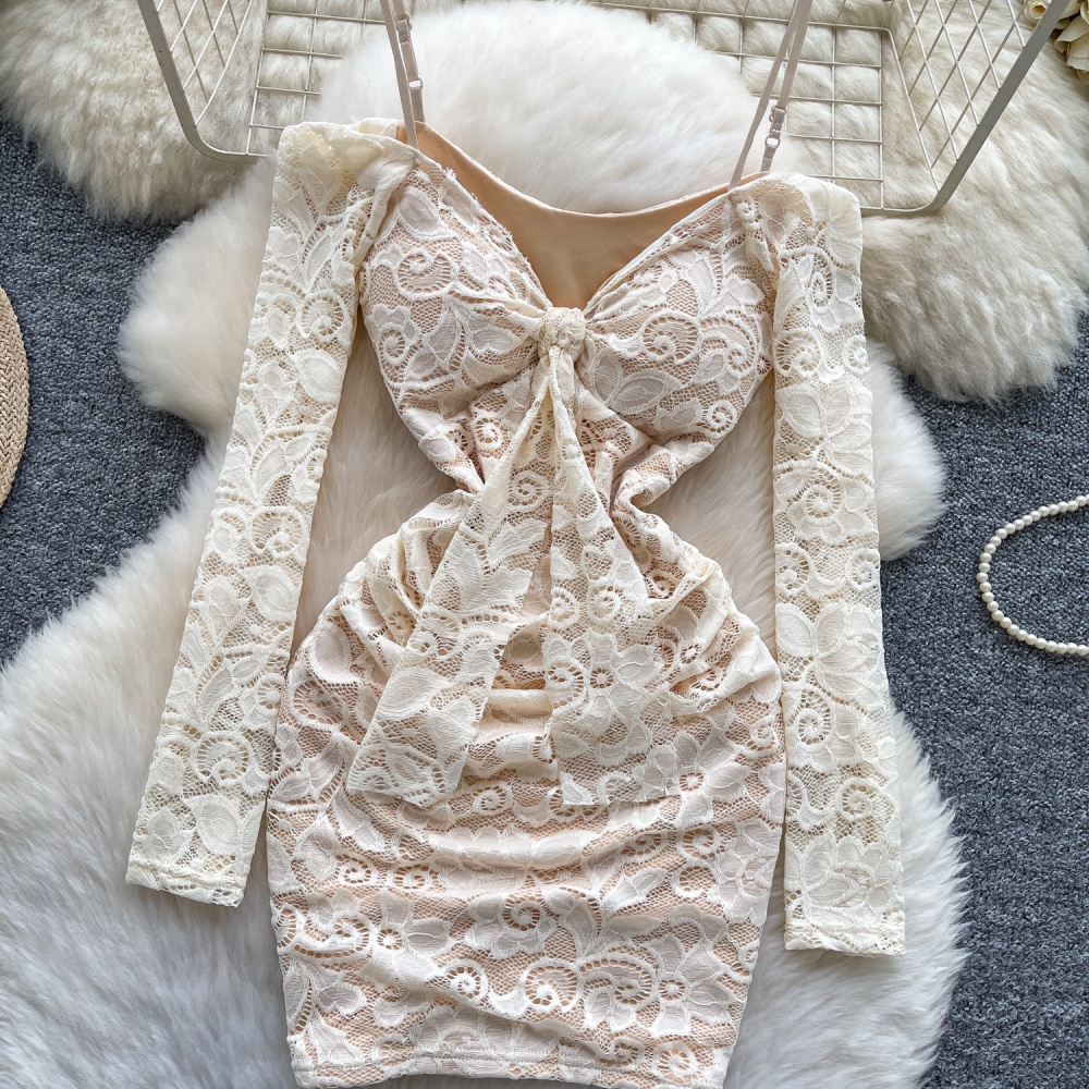 Long sleeve pinched waist package hip dress for women