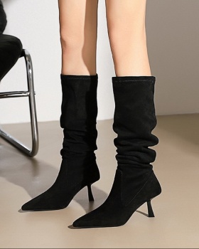 Fold pointed boots elasticity stilettos