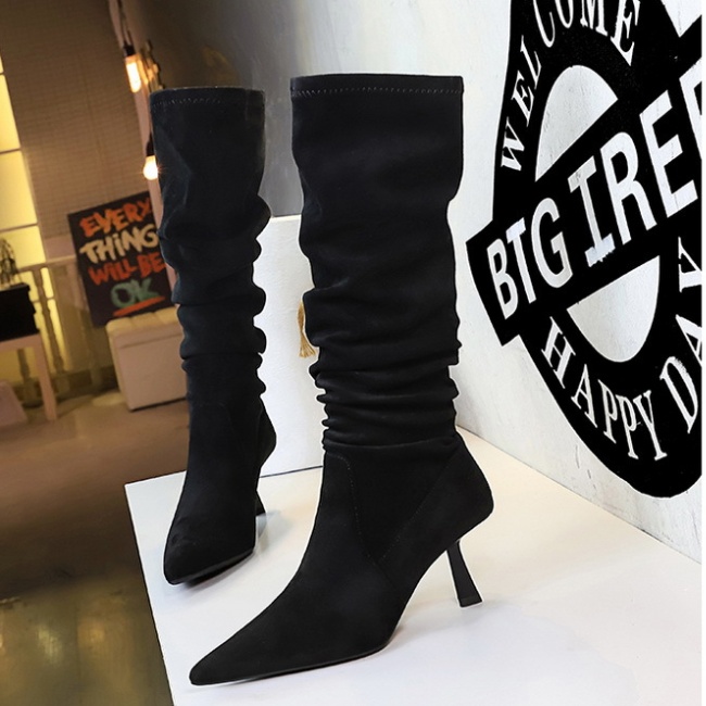 Fold pointed boots elasticity stilettos