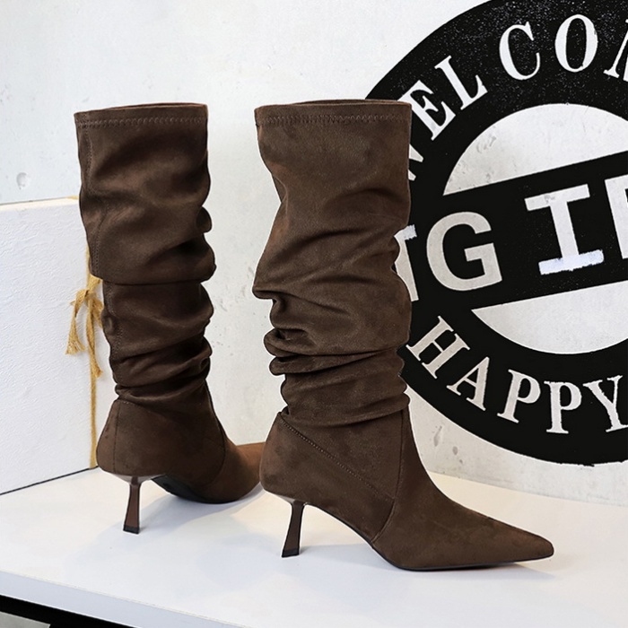 Fold pointed boots elasticity stilettos