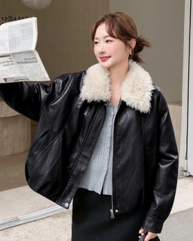 Lapel plus velvet PU parka loose slim thick coat for women