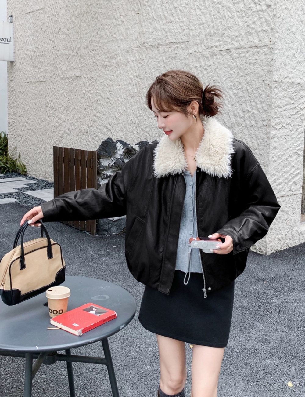 Lapel plus velvet PU parka loose slim thick coat for women