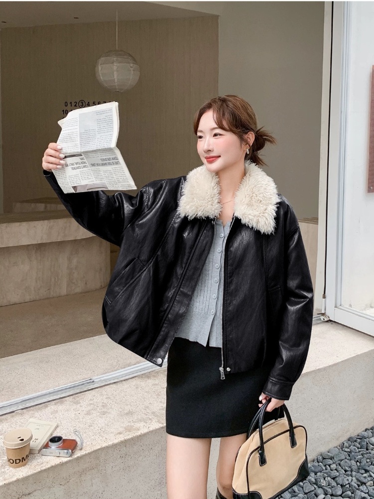 Lapel plus velvet PU parka loose slim thick coat for women