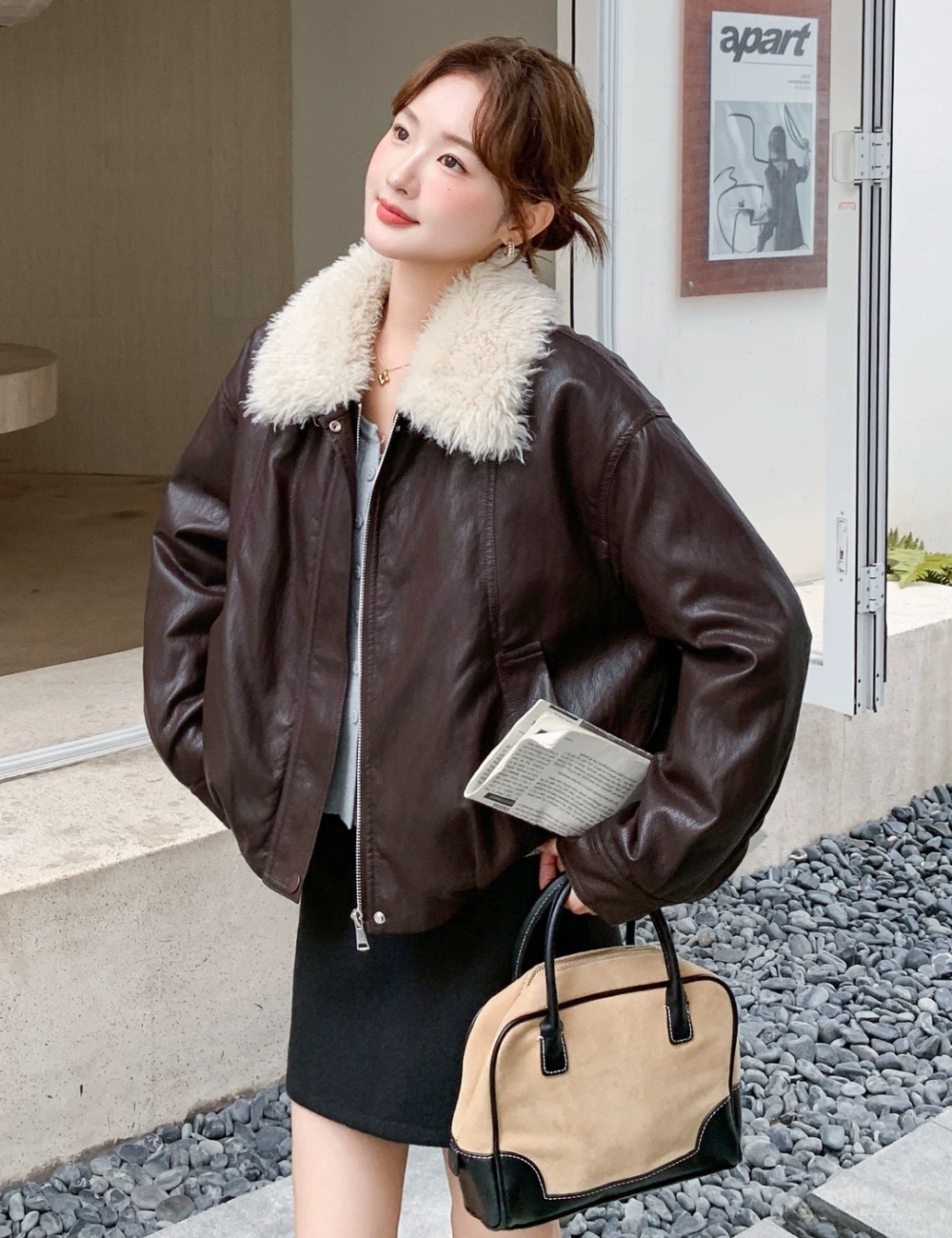 Lapel plus velvet PU parka loose slim thick coat for women