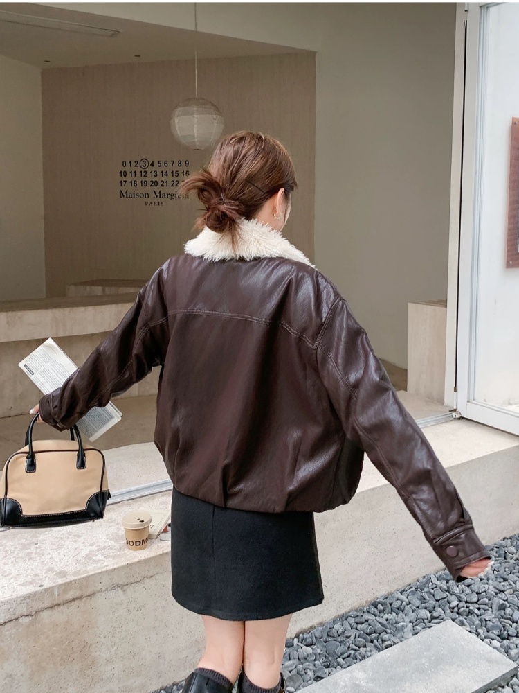 Lapel plus velvet PU parka loose slim thick coat for women