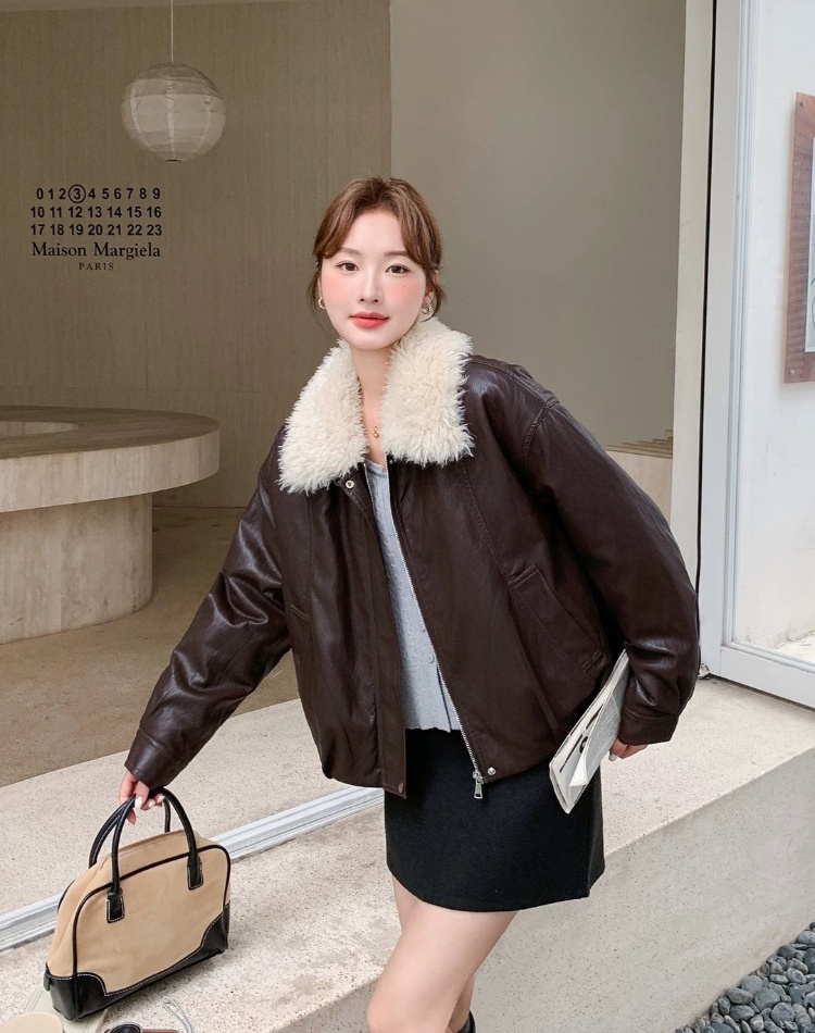 Lapel plus velvet PU parka loose slim thick coat for women