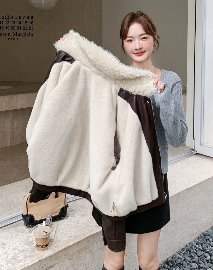 Lapel plus velvet PU parka loose slim thick coat for women