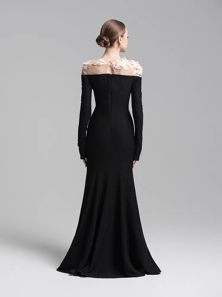 Flowers long dress pinched waist evening dress