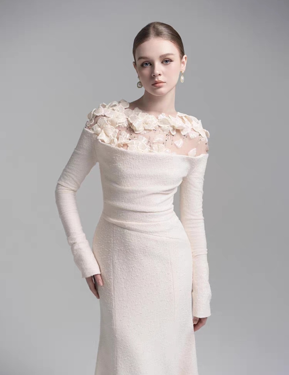 Flowers long dress pinched waist evening dress