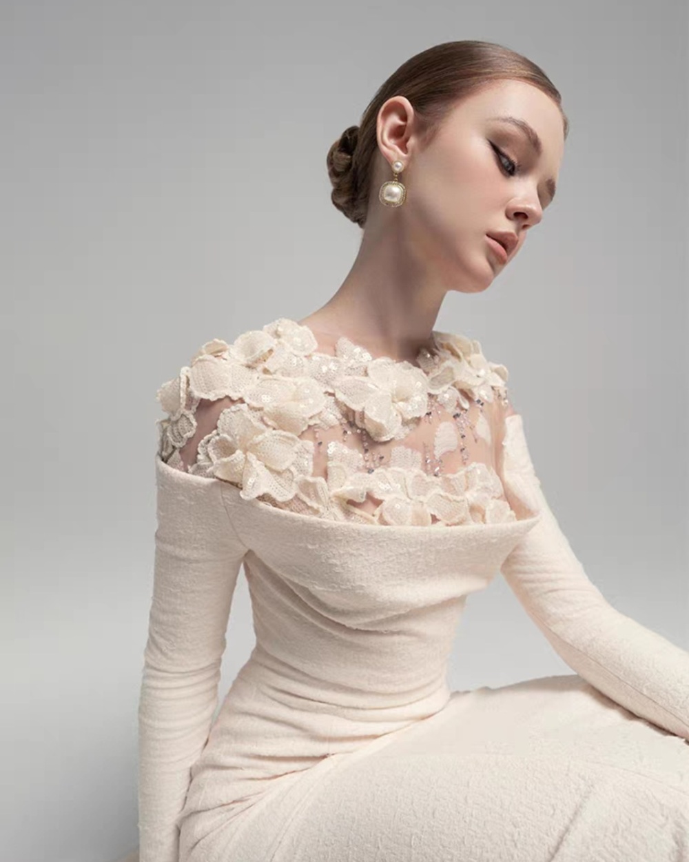 Flowers long dress pinched waist evening dress