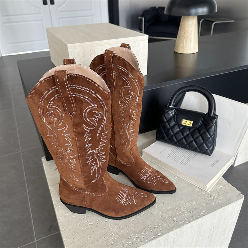 High-heeled autumn pointed thigh boots retro splice boots