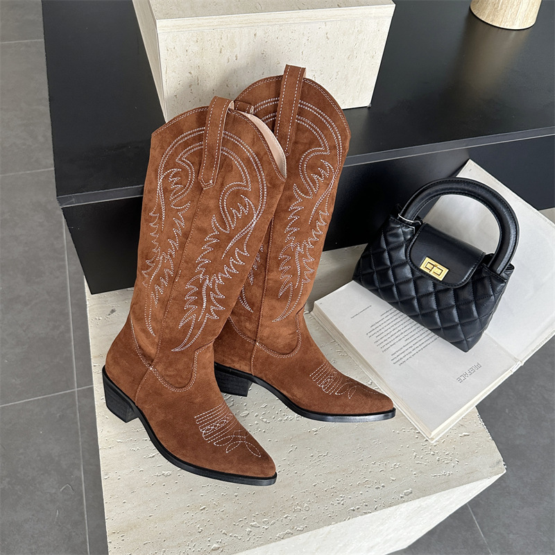 High-heeled autumn pointed thigh boots retro splice boots