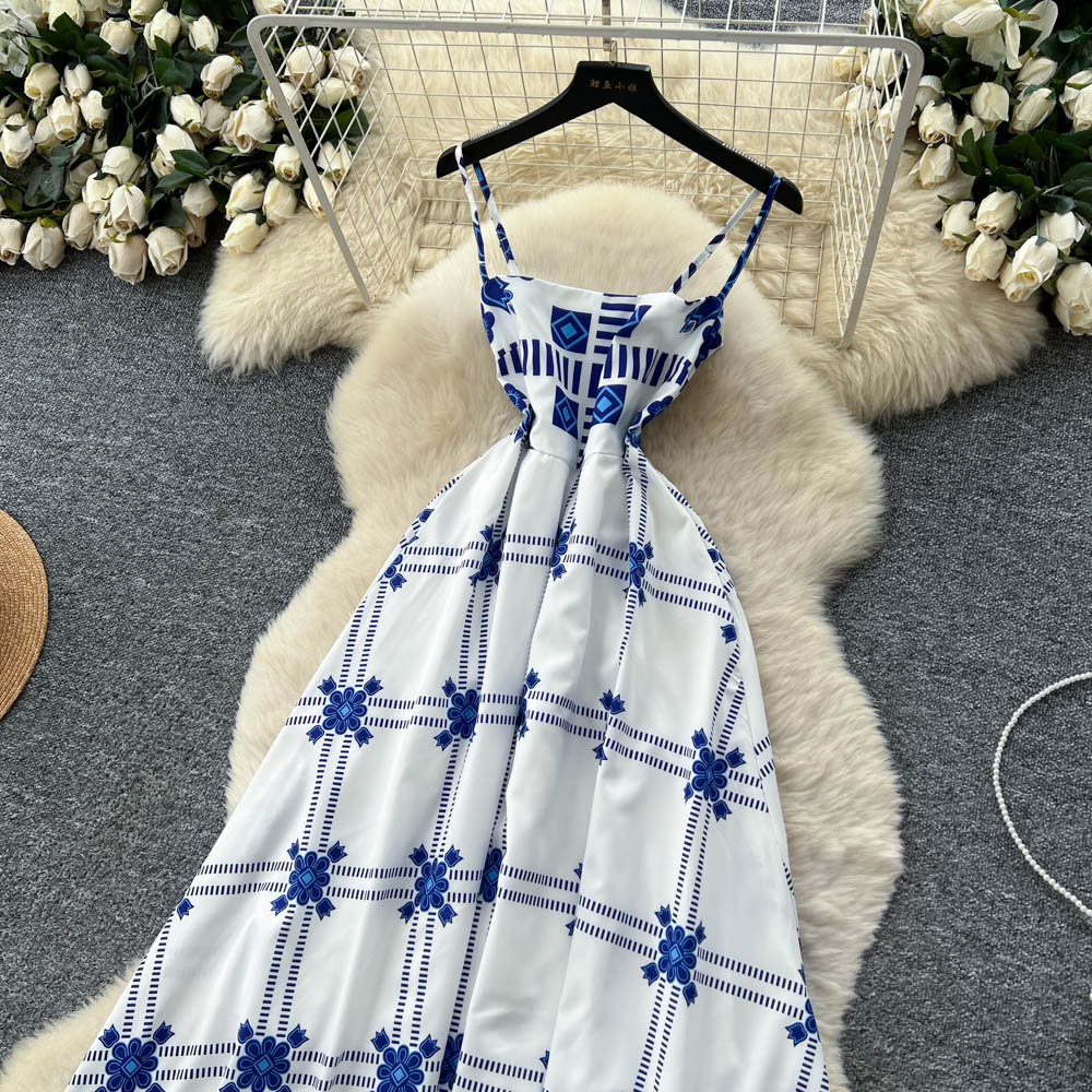 Elegant big skirt long dress pinched waist dress for women