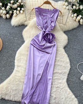 Stereoscopic satin long dress France style split dress
