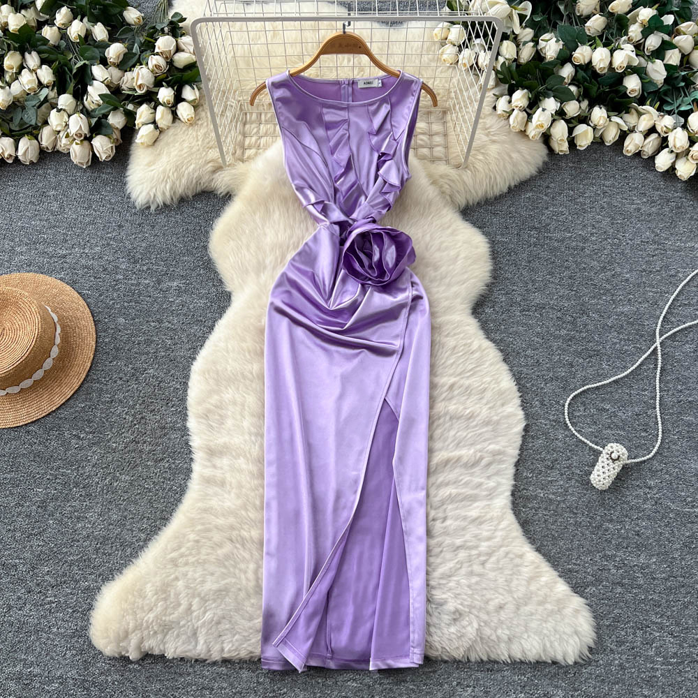 Stereoscopic satin long dress France style split dress