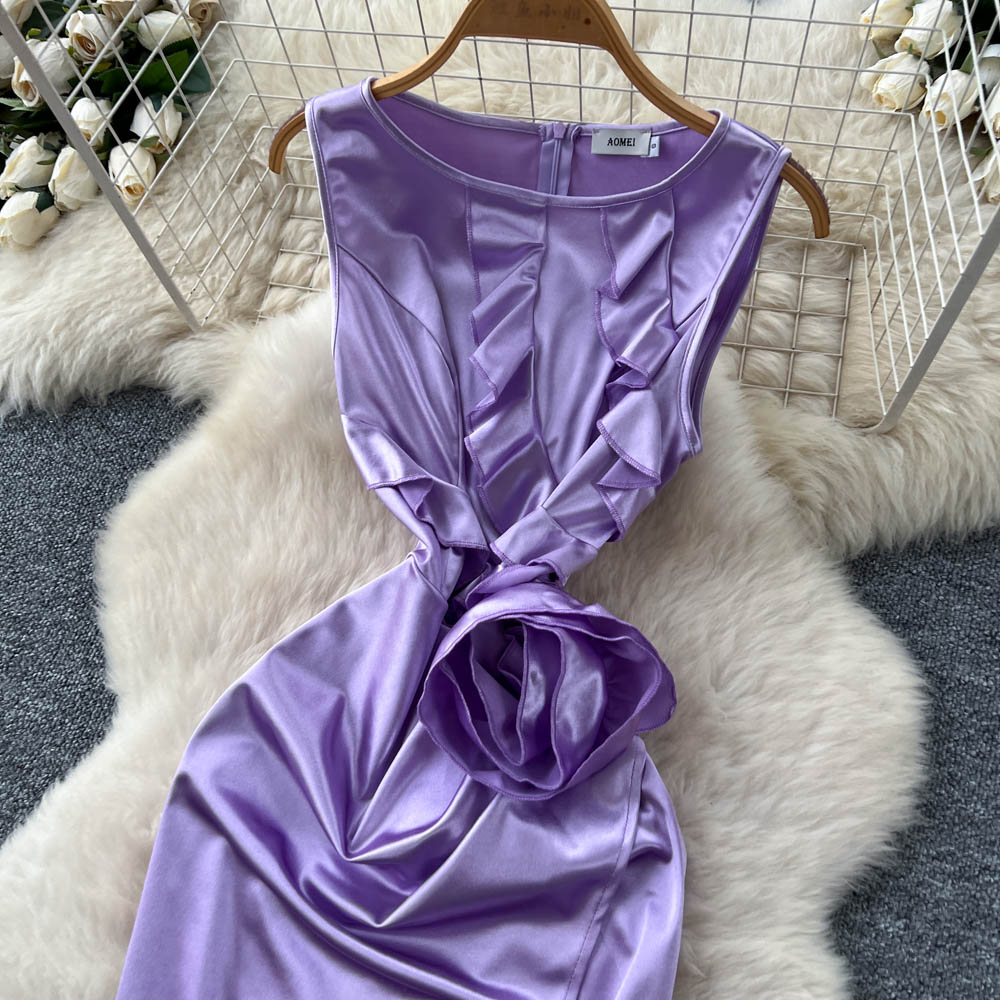 Stereoscopic satin long dress France style split dress