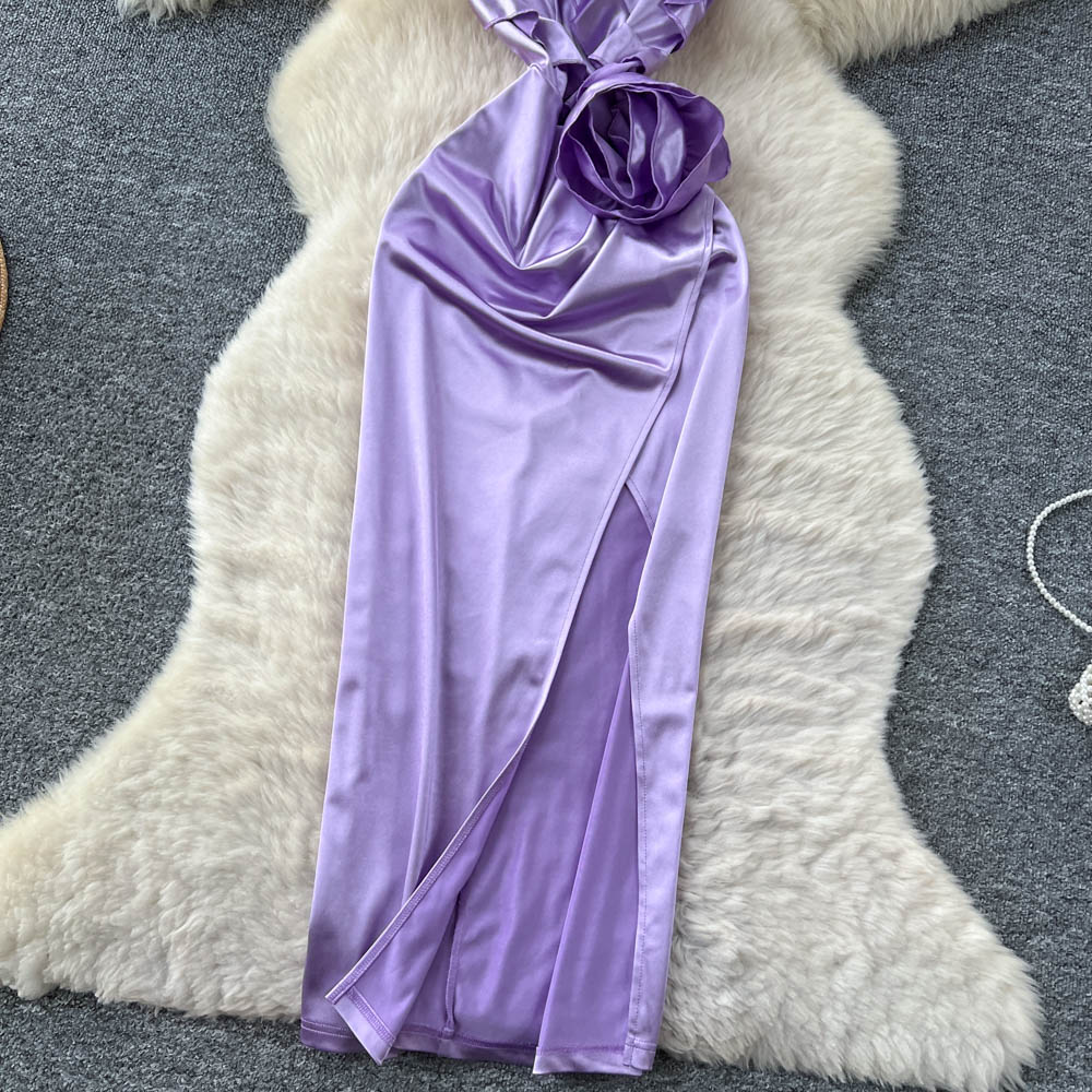 Stereoscopic satin long dress France style split dress