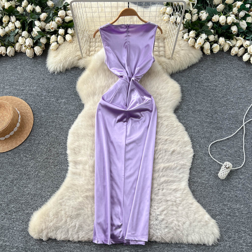 Stereoscopic satin long dress France style split dress
