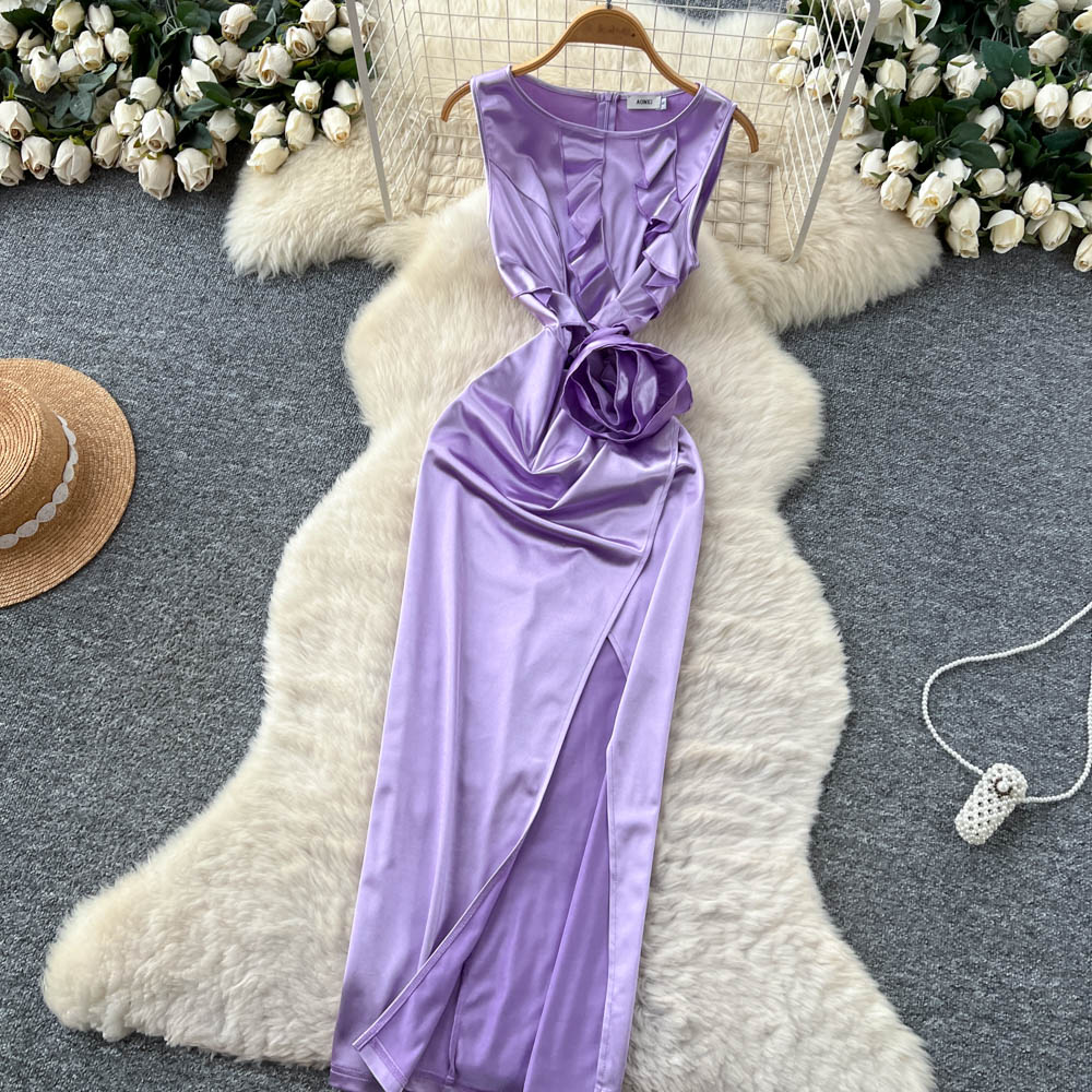 Stereoscopic satin long dress France style split dress