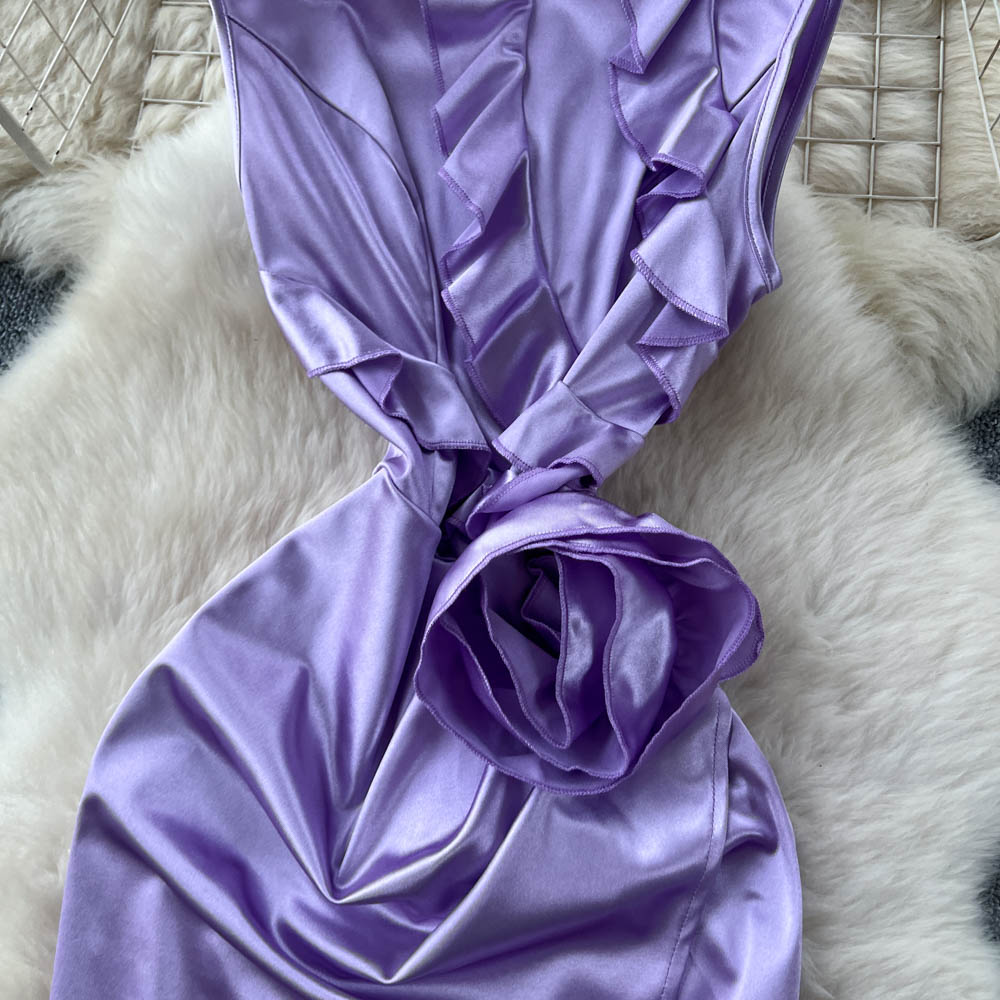 Stereoscopic satin long dress France style split dress