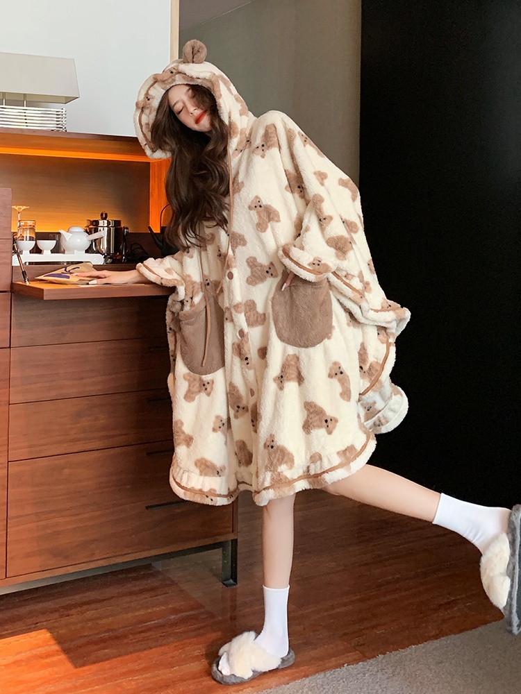 Cartoon thick cloak plus velvet pajamas a set for women
