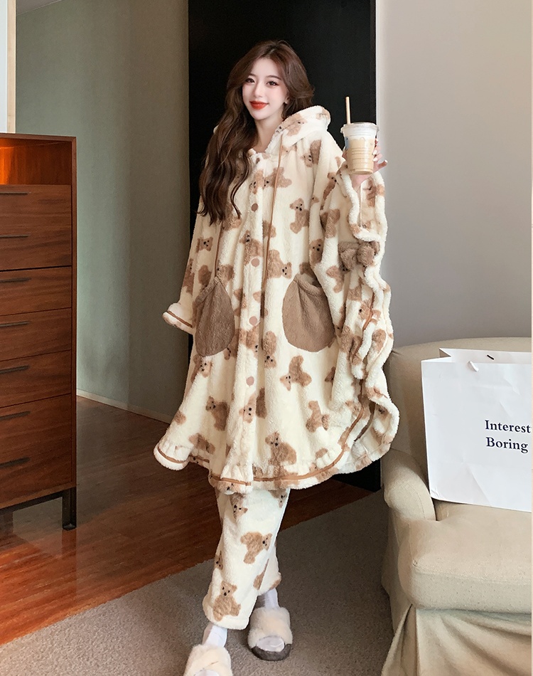 Cartoon thick cloak plus velvet pajamas a set for women