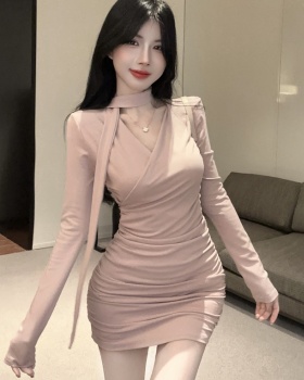 Bottoming V-neck fold temperament slim dress for women