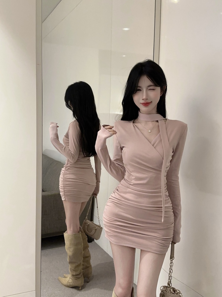 Bottoming V-neck fold temperament slim dress for women